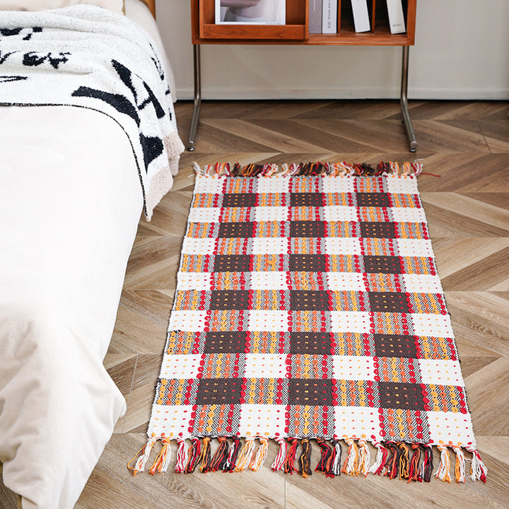 Flat-woven runner rug with check pattern and decorative border stripe Kalsten