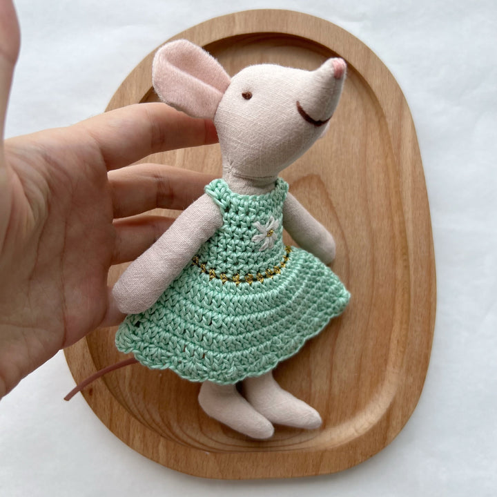 Handmade Linen Mouse Doll with Crocheted Mint Dress