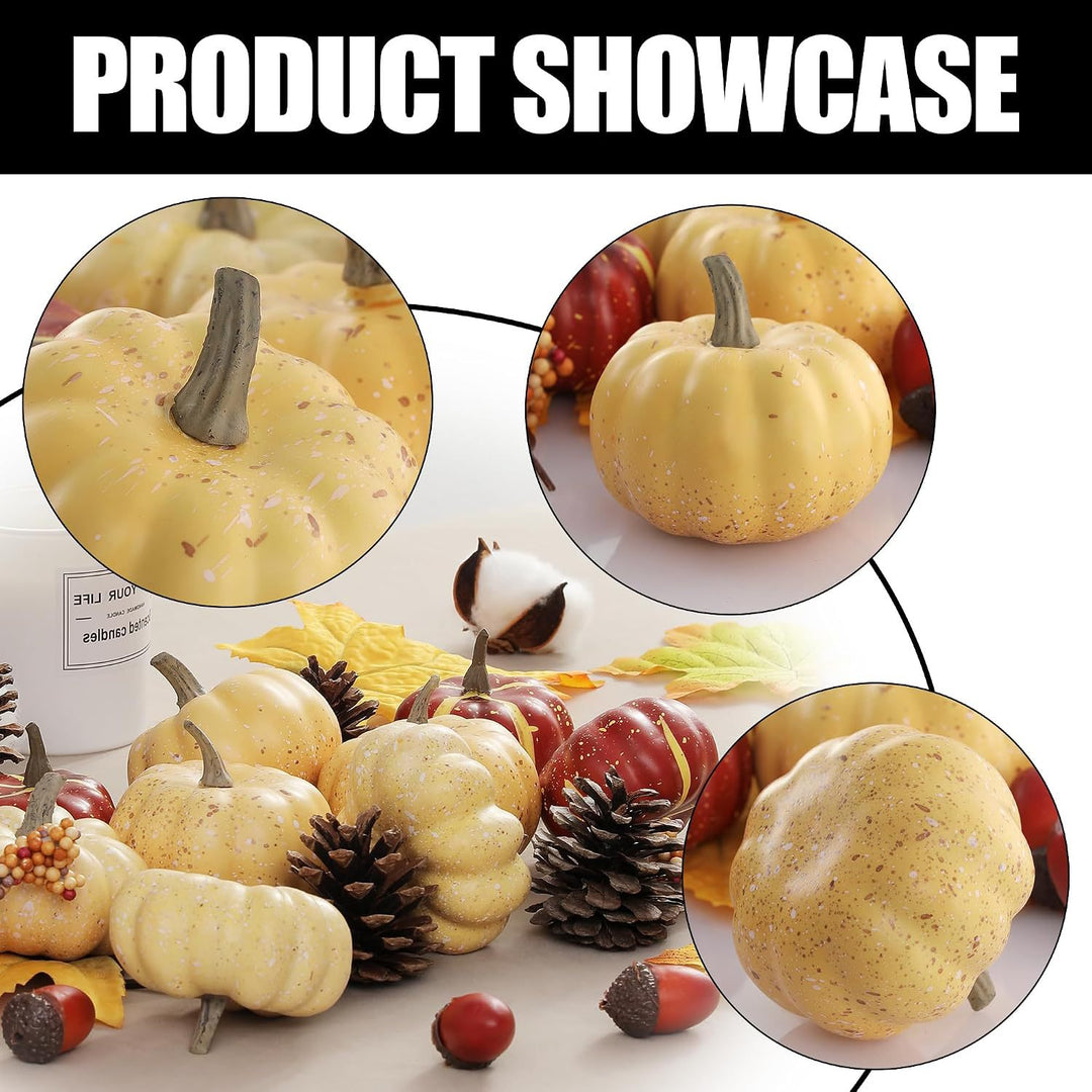 Autumn decorative set made of realistic artificial pumpkins, pine cones, acorns, and maple leaves