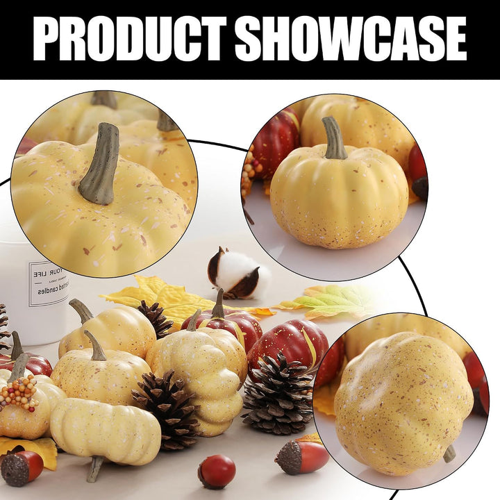 Autumn decorative set made of realistic artificial pumpkins, pine cones, acorns, and maple leaves