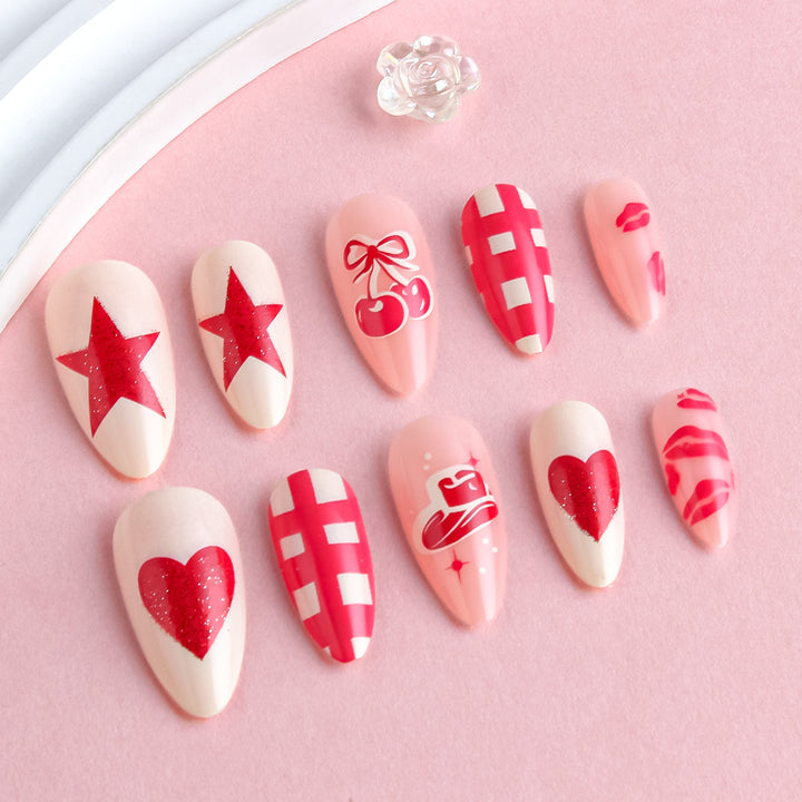 Artistic Press-On Nail Art Set with Heart and Star Designs Kalsten