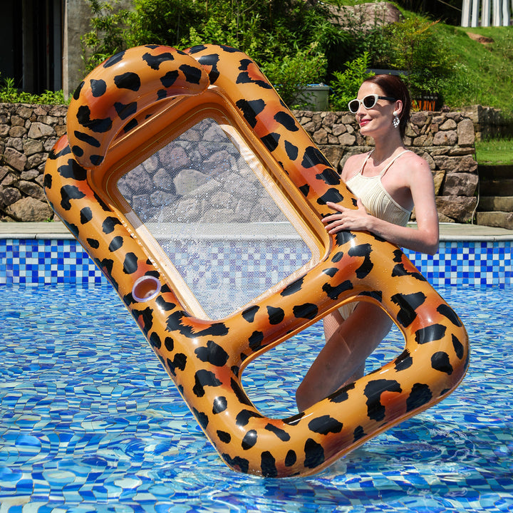Unisex Inflatable Leopard Swim Ring with Integrated Drink Holder Kalsten