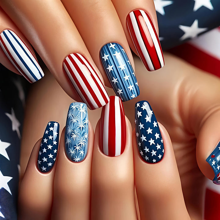 Artificial nails with patriotic stars and stripes design Kalsten