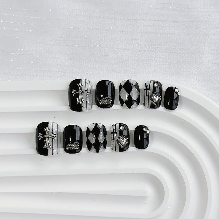 Artistic Press-On Nail Art Set with Heart and Celestial Designs