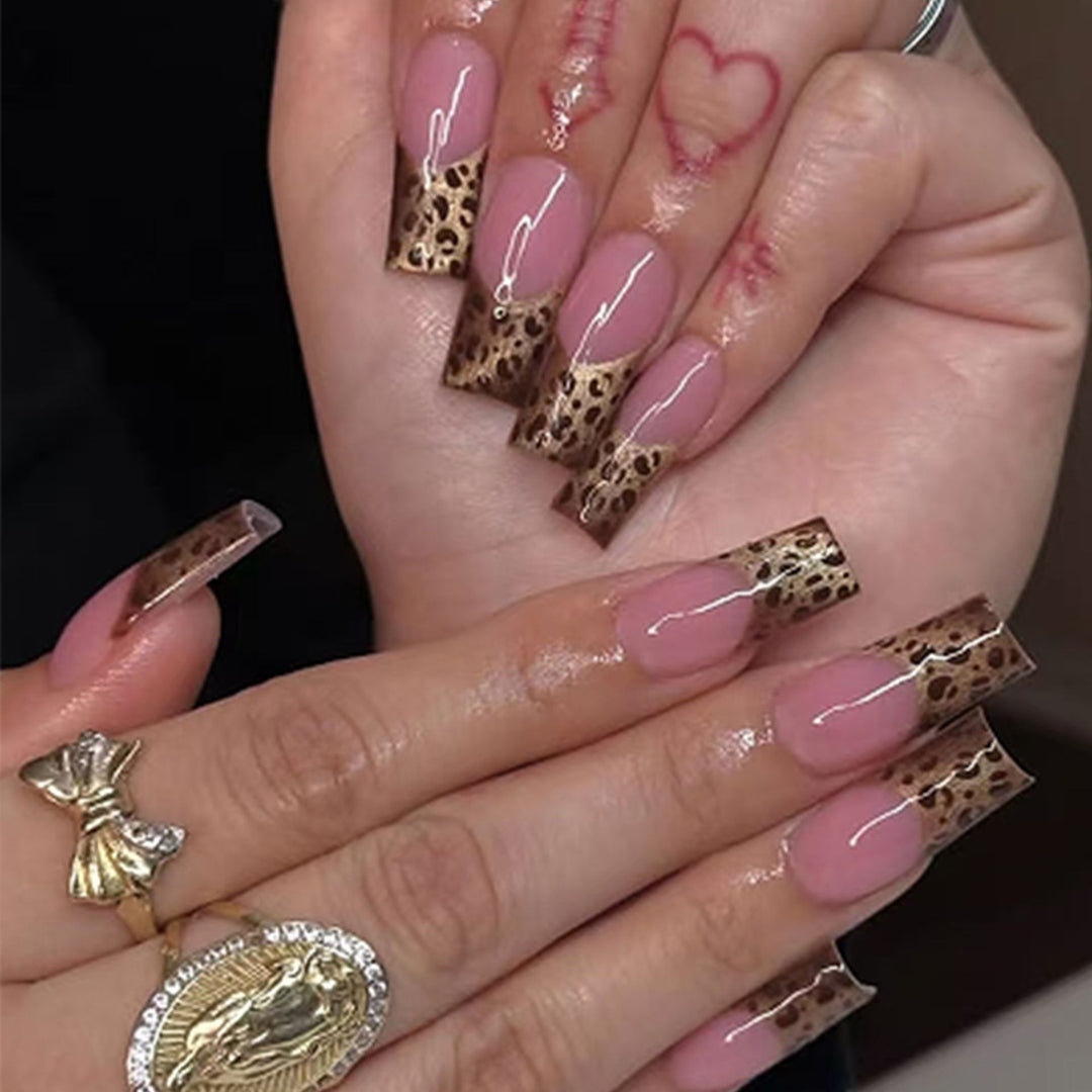 Elegant Leopard Print French Tip Press-On Nails Kalsten