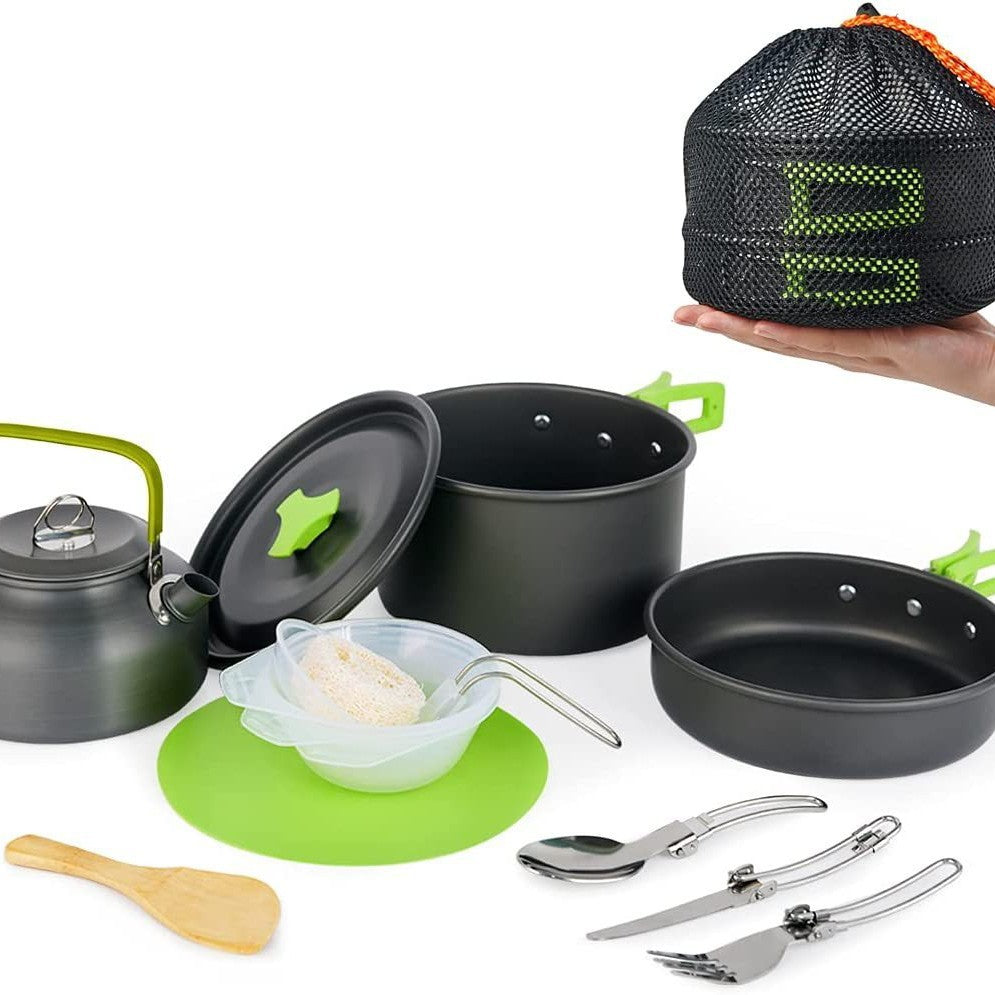 lightweight non-stick camping cookware set with folding handles kettle pot pan utensils and mesh carry bag Kalsten
