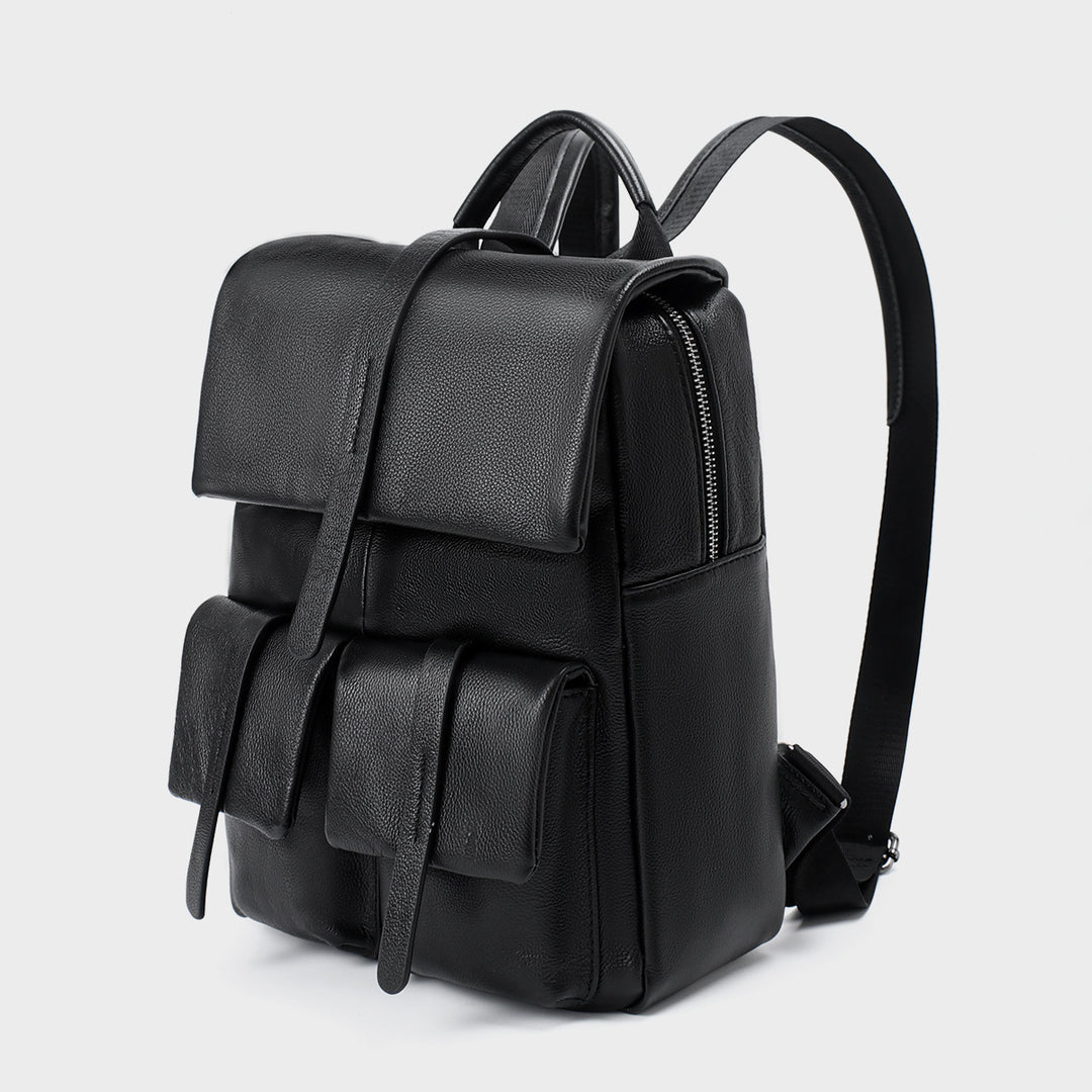 Leather Flap Backpack with Dual Front Pouches and Top Handle