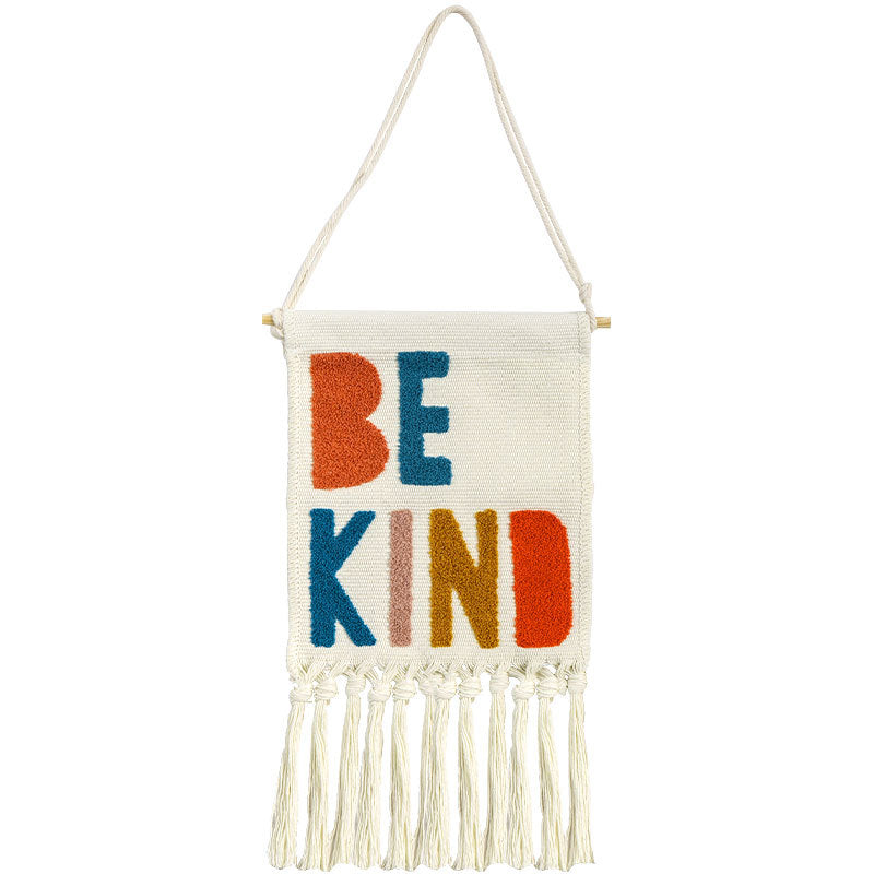 Boho wall hanging made of woven cotton with hand-tufted appliqués and fringes Kalsten