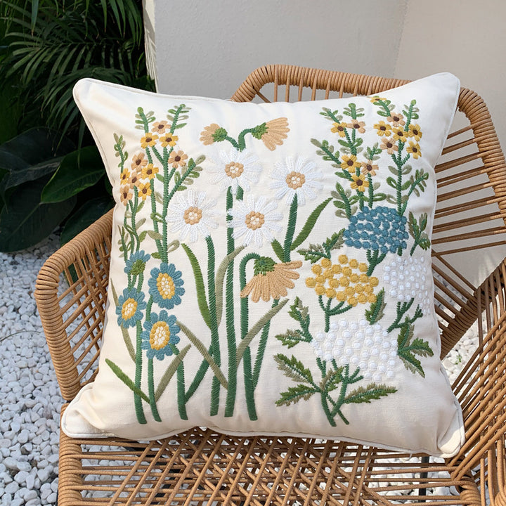 Square cushion cover with hand-embroidered wildflower relief, linen-cotton blend and concealed zipper Kalsten