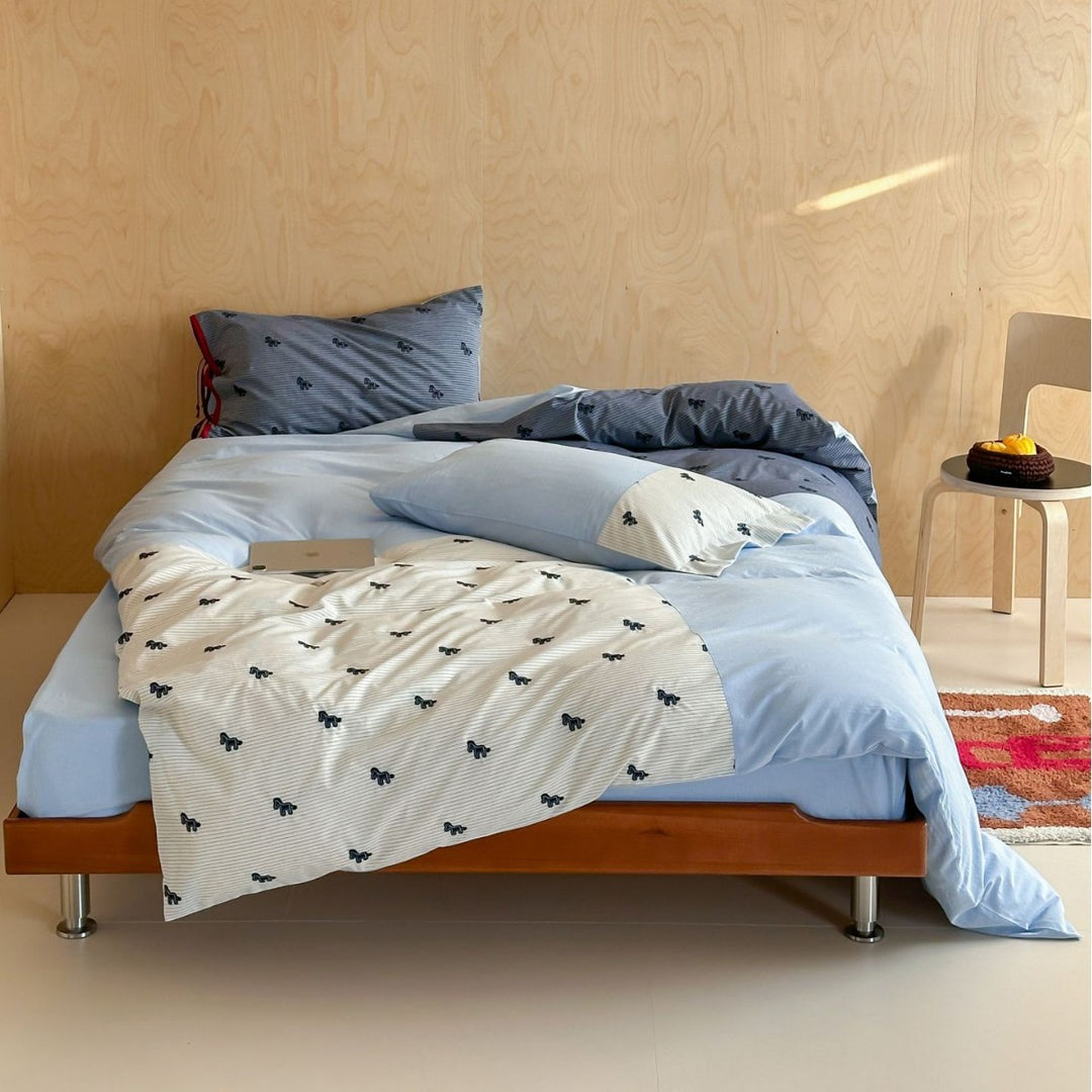 Bed linen - bedding set made of cotton with fine stripe and animal embroidery motif Kalsten