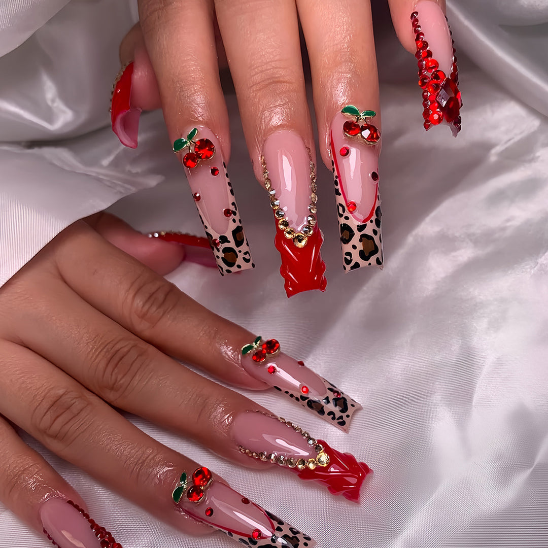 Decorative Long Press-On Nail Set with Gemstone and Floral Accents Kalsten