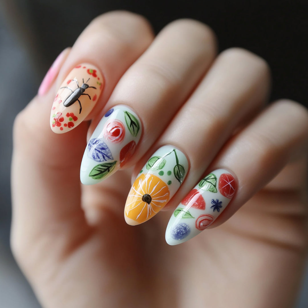 Artistic stiletto nails with floral designs Kalsten