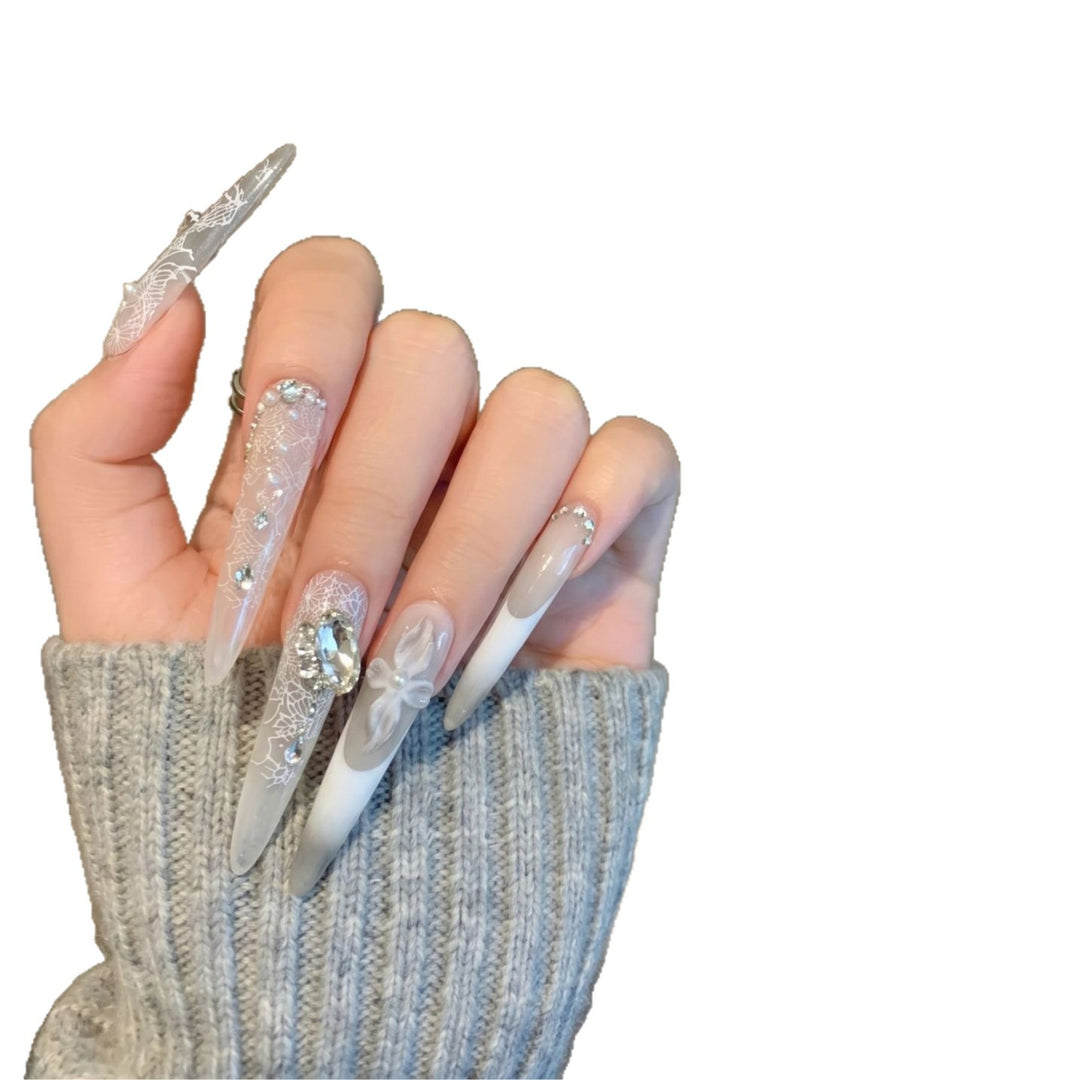 Decorative Stiletto Press-On Nail Art Set with Elegant Lace and Gemstone Accents Kalsten