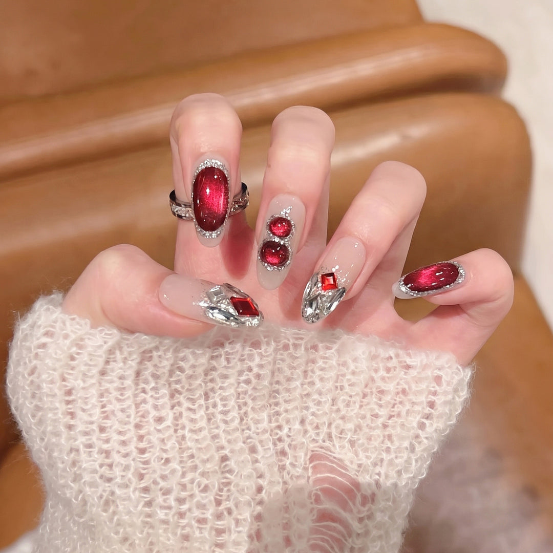 Premium Decorative Press-On Nail Set with Gemstone Accents Kalsten
