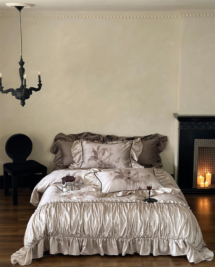 Luxurious satin bedding set with ruffles and watercolor flowers
