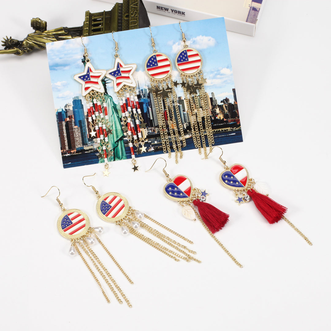 Women's nan long beaded fringe dangle earrings with enamel flag medallion and crystal drops Kalsten