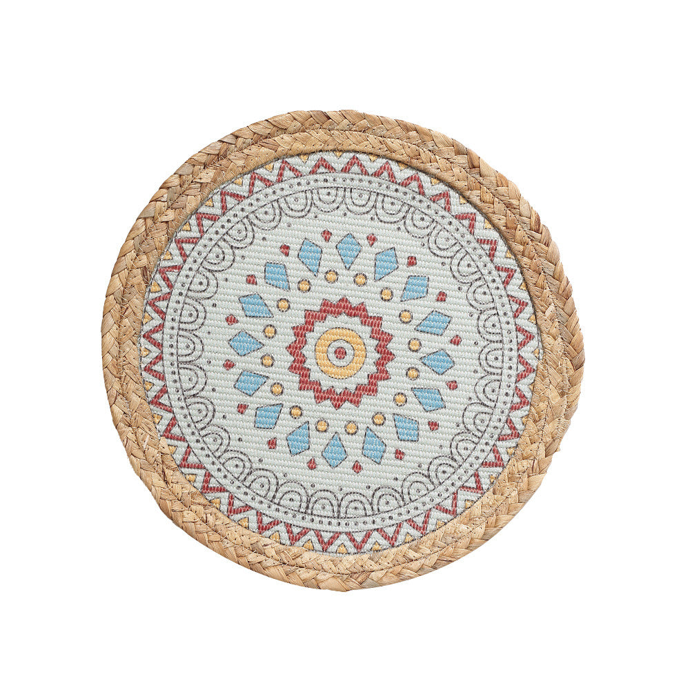Round woven table mat made of jute with mandala cotton overlay Kalsten