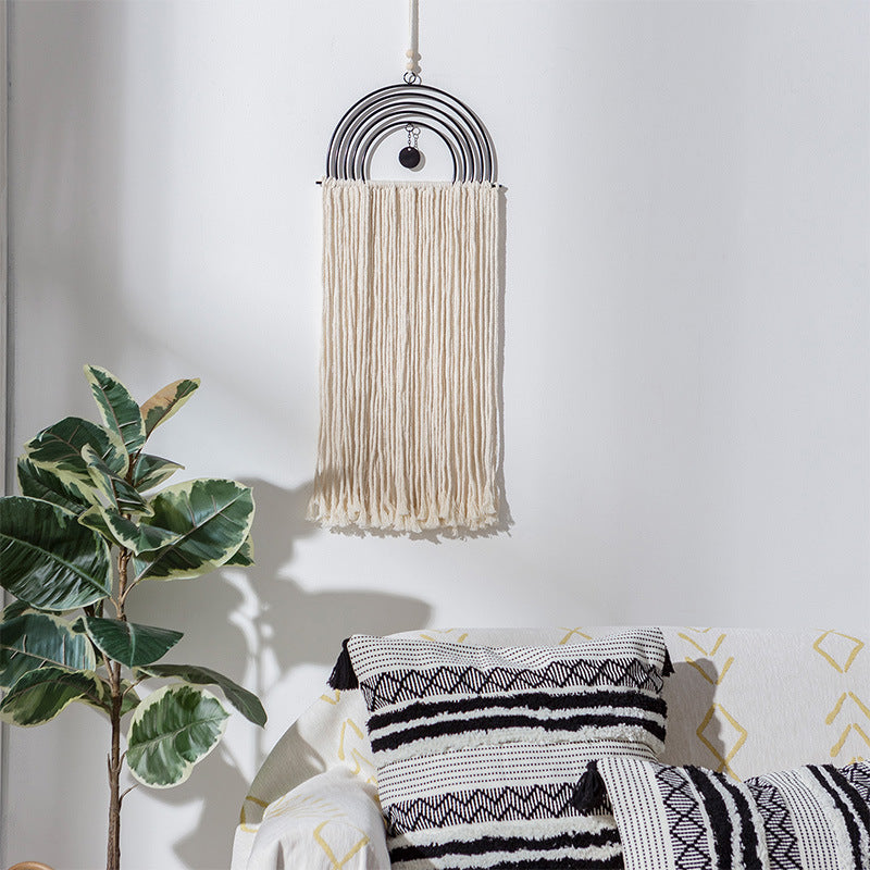 Boho macrame wall hanging with semicircle metal frame and long fringes Kalsten