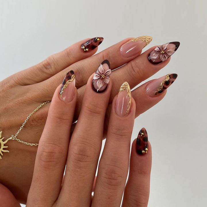 Decorative Stiletto Press-On Nails with Floral and Gold Accents Kalsten
