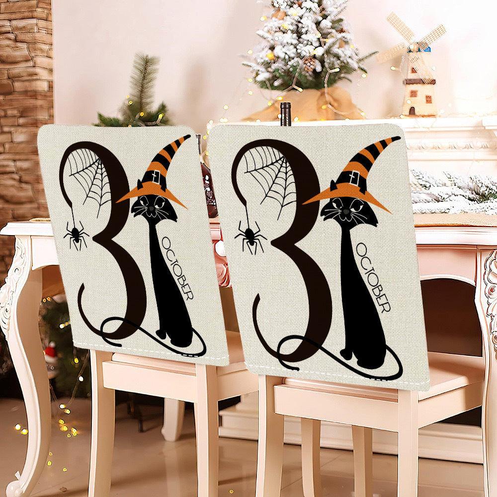 festive Halloween chair covers made of stretchable polyester with witch hat and lettering design