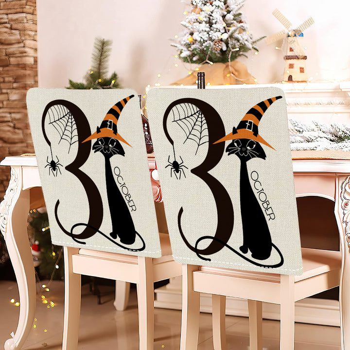 festive Halloween chair covers made of stretchable polyester with witch hat and lettering design