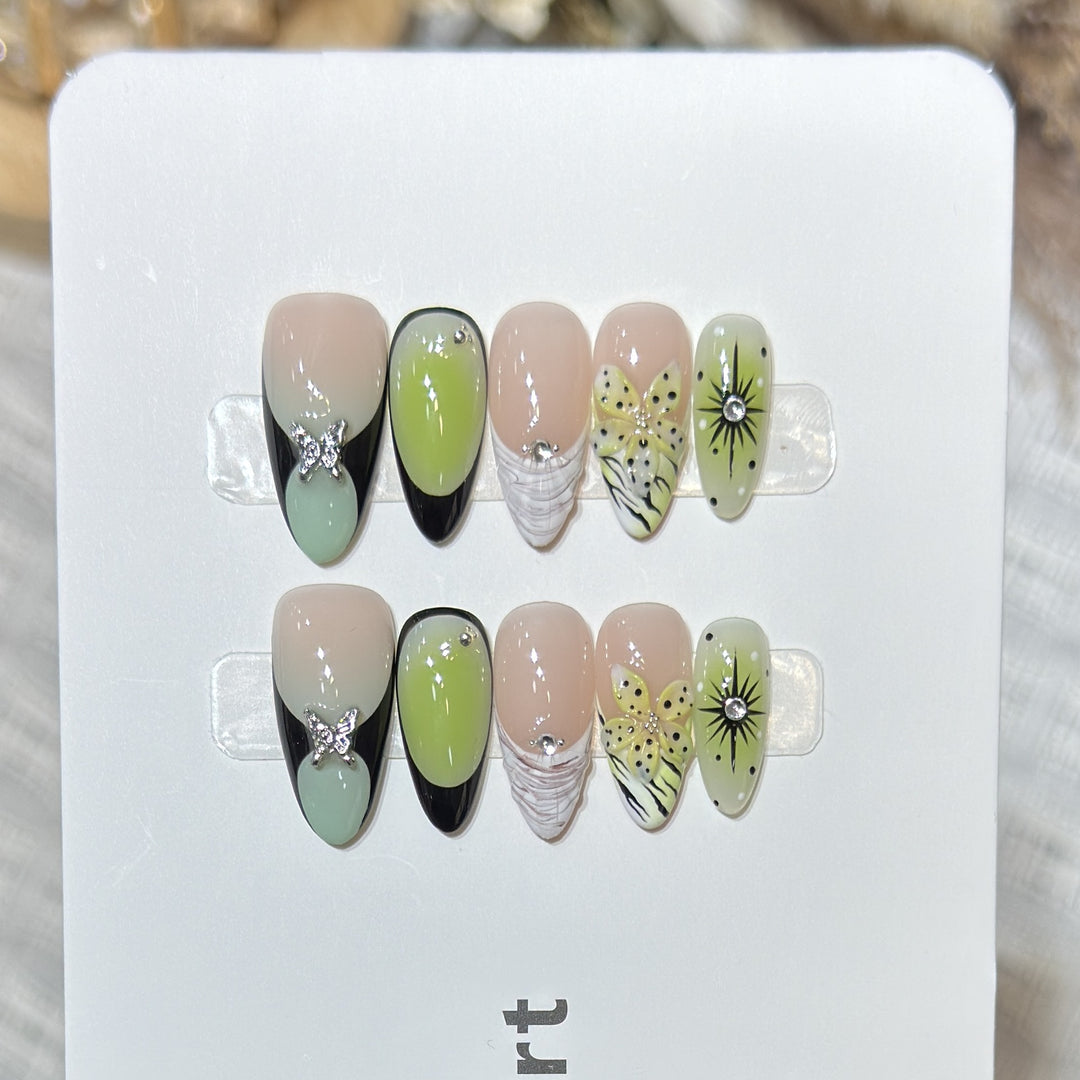 Artistic Press-On Nail Set with Butterfly and Floral Designs Kalsten