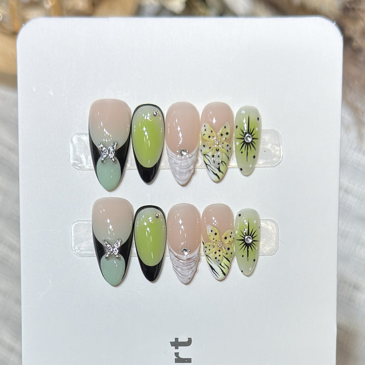 Artistic Press-On Nail Set with Butterfly and Floral Designs Kalsten
