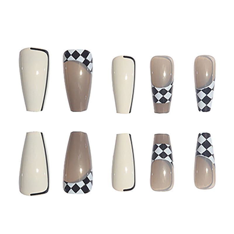 Trendy Long Press-On Nail Set with Checkerboard and Solid Design Kalsten