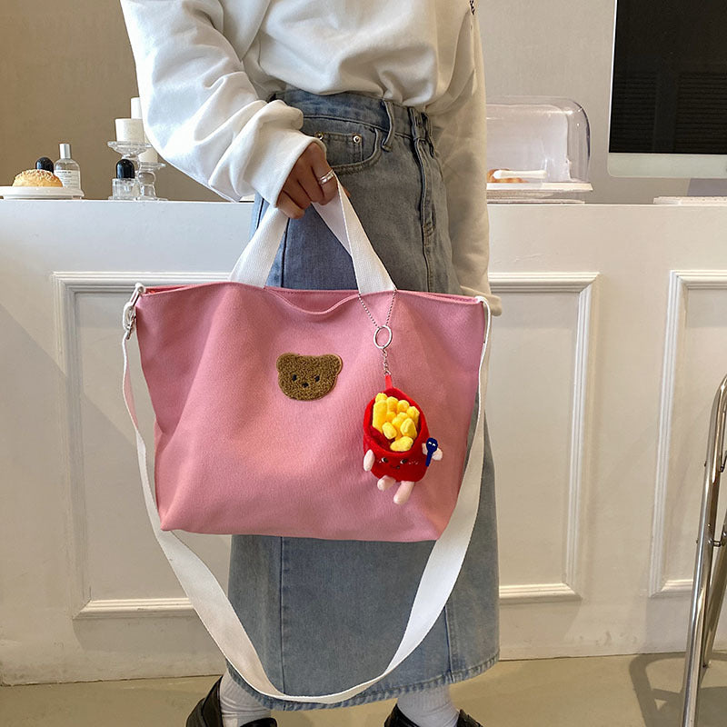 Casual Canvas Tote Bag with Cute Bear Applique