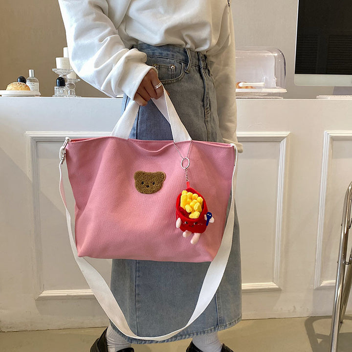 Casual Canvas Tote Bag with Cute Bear Applique