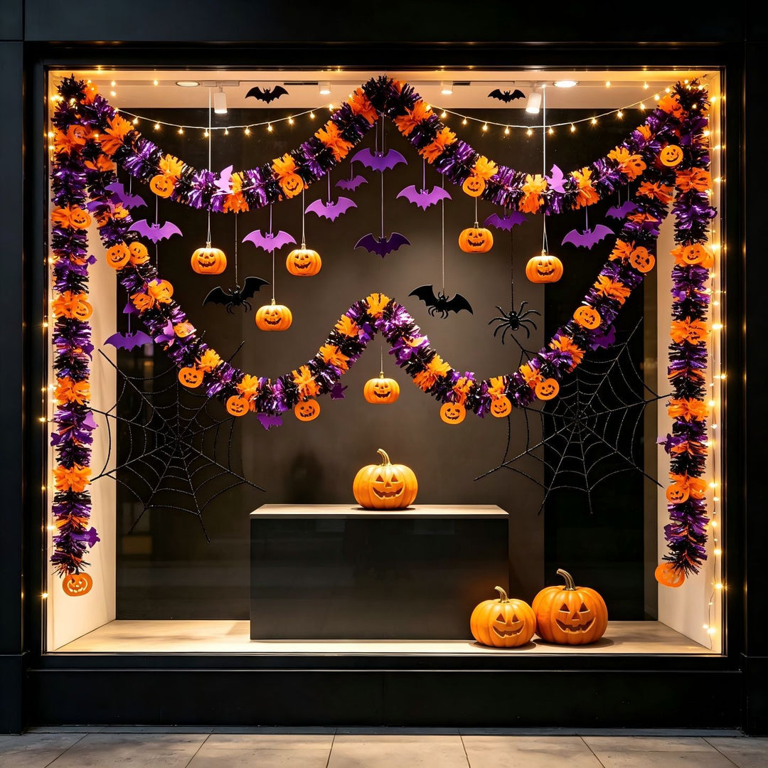 Shiny Halloween garland made of plastic with pumpkin confetti and dense fringes