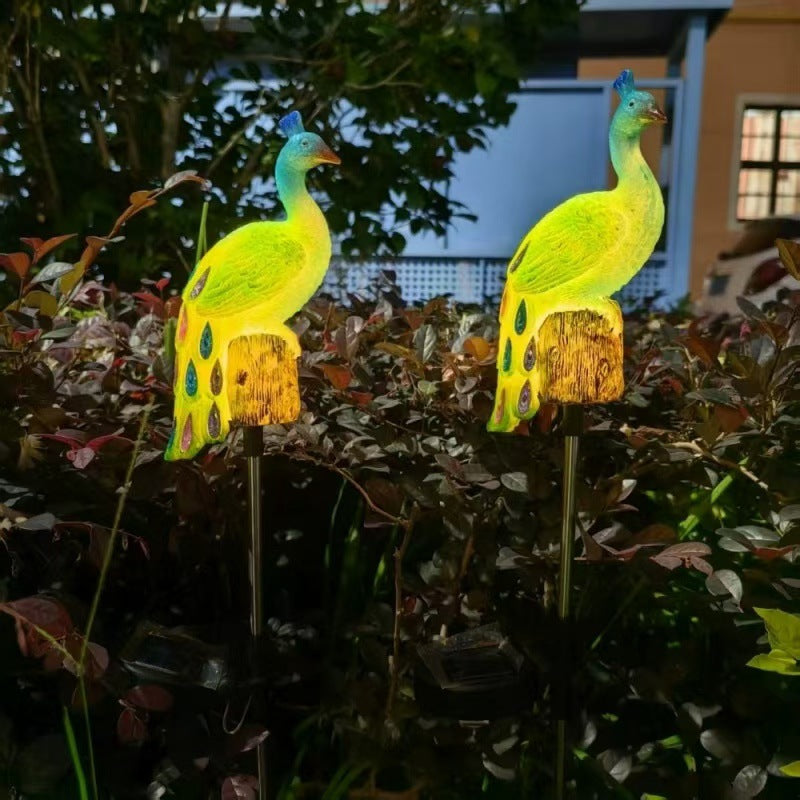 Solar-Powered Resin Peacock Garden Stake Lights With LED Glow And Weatherproof Metal Stakes Kalsten