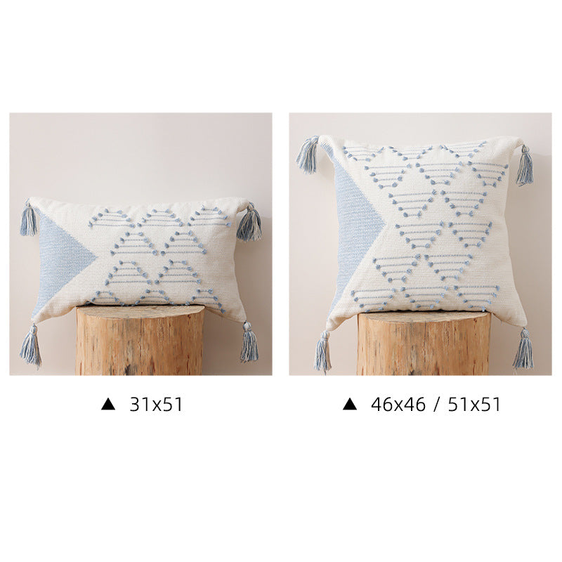 Decorative woven cushion cover with geometric tuft-relief and tassels Kalsten