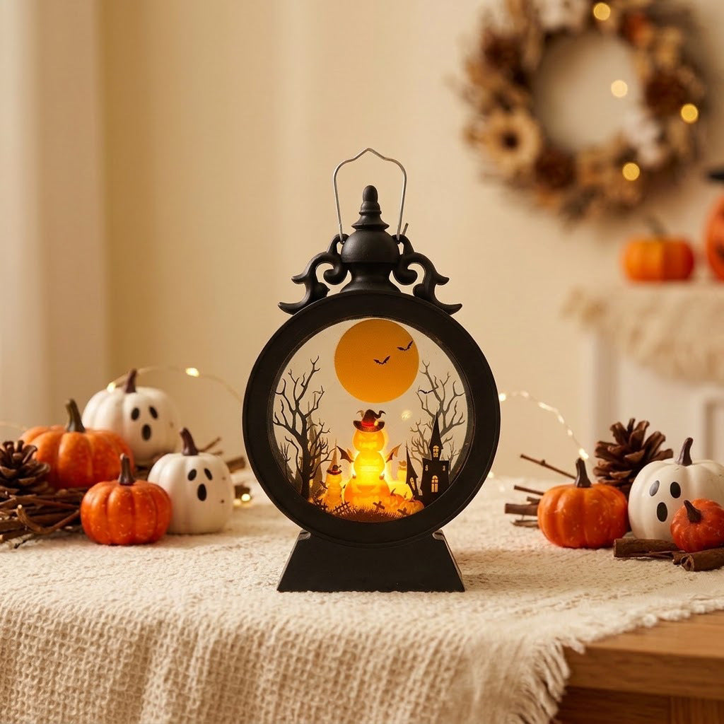 LED decorative table lantern with Halloween silhouettes and warm white light