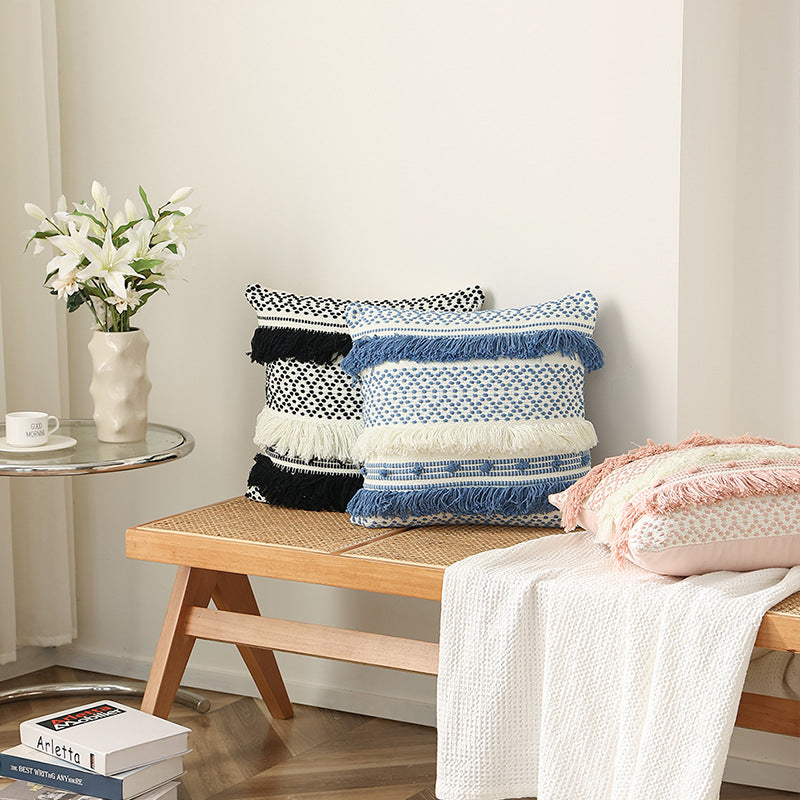 Woven decorative cushion cover with 3D dot structure and layered fringes Kalsten