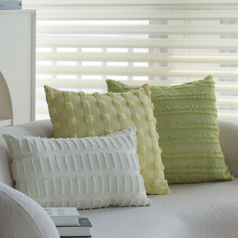 Square decorative pillow cover made of cotton blend with relief rectangular tufts and fringed edge Kalsten