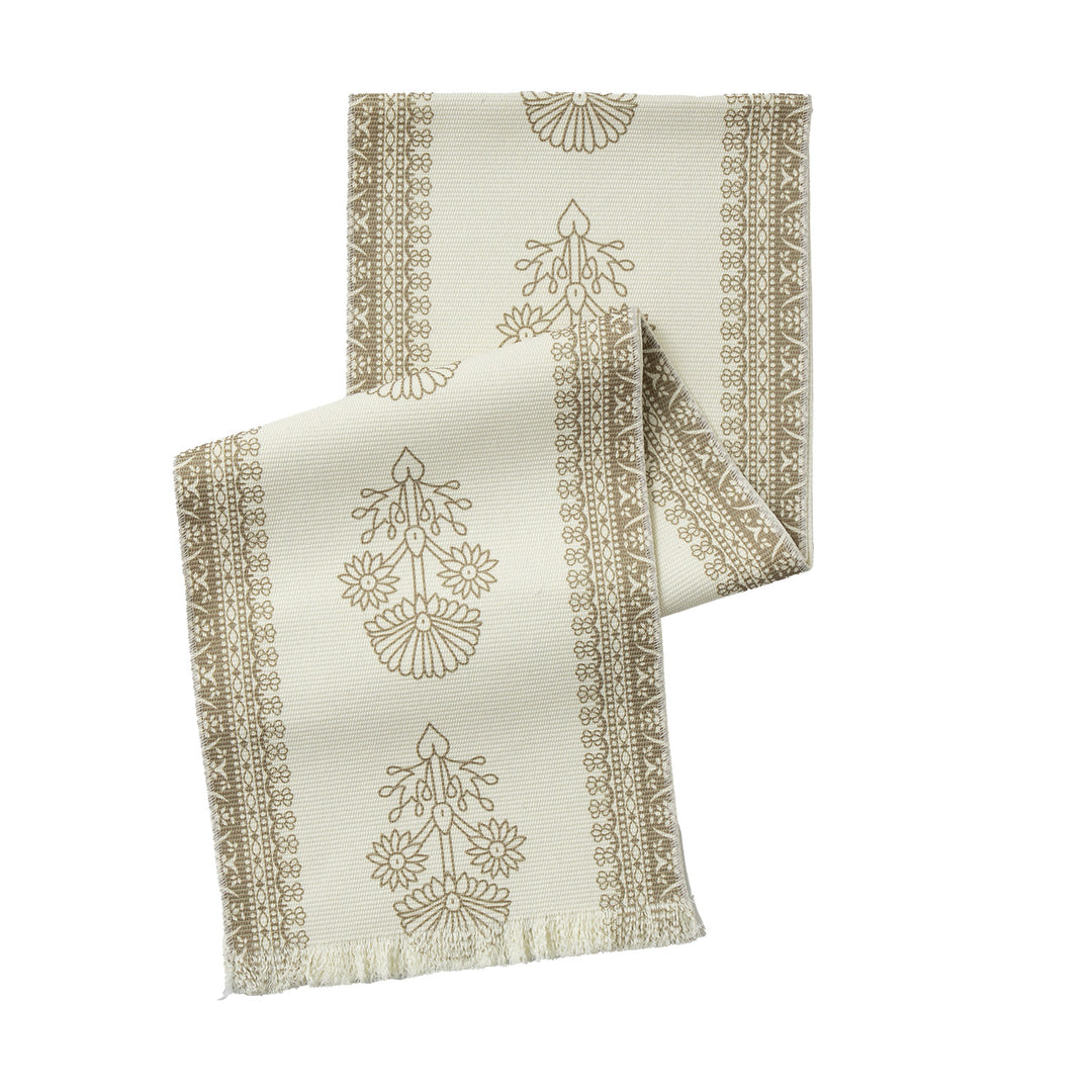 Vintage-inspired woven table runner with floral border and fringes Kalsten