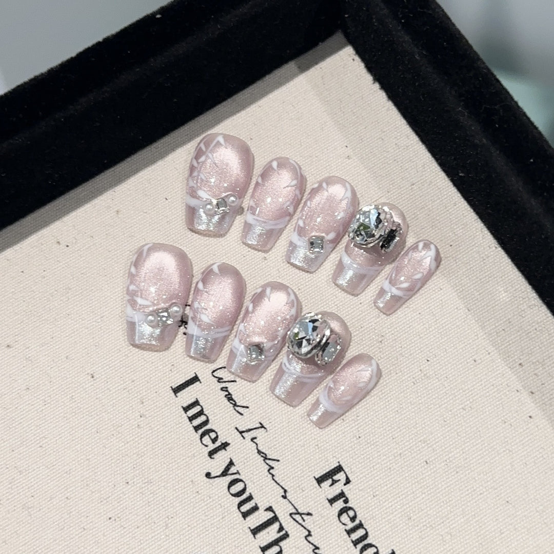 Elegant Press-On Nail Art Set with Gemstone Accents