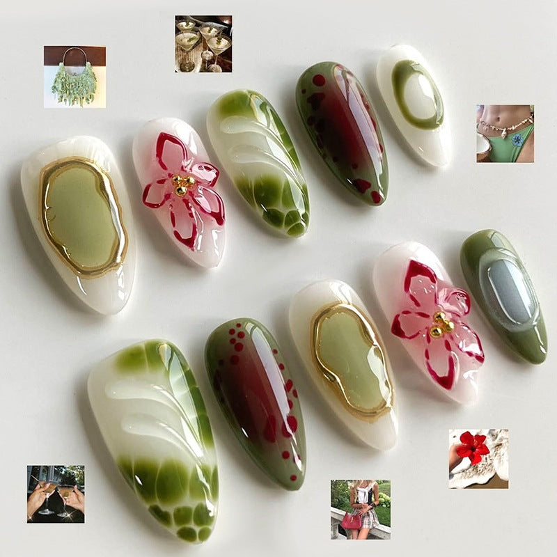 Artificial nail set with elegant floral designs and color accents Kalsten