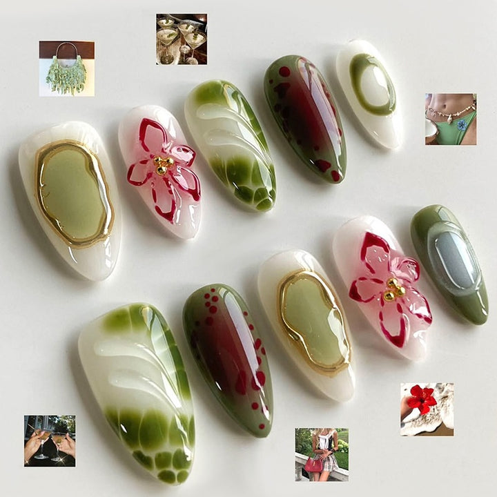 Artificial nail set with elegant floral designs and color accents Kalsten
