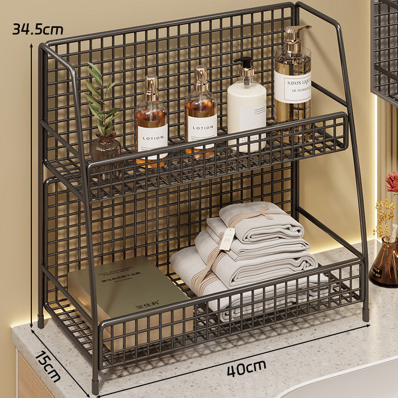 Angled Desktop Mesh Vanity and Countertop Organizer with Three Wire-Tier Baskets and Grid Back