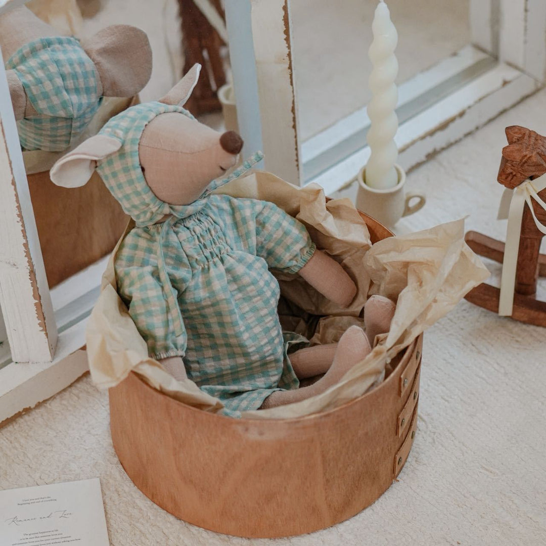 Handmade Linen Plush Mouse Doll with Gingham Overalls