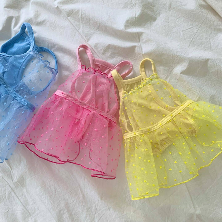 Sheer Organza Polka Dot Pet Dress with Ruffled Hem and Harness Slot