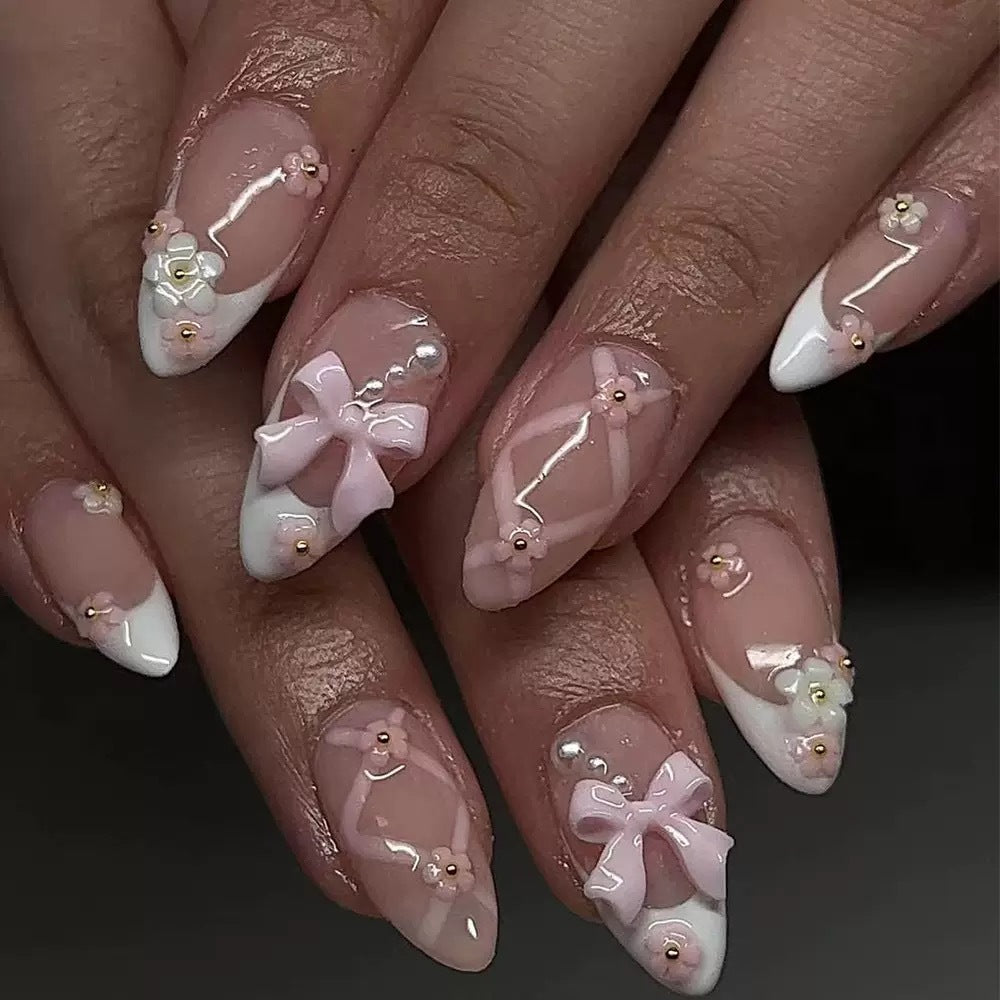 Acrylic Nail Set with Elegant Bows and Floral Accents Kalsten