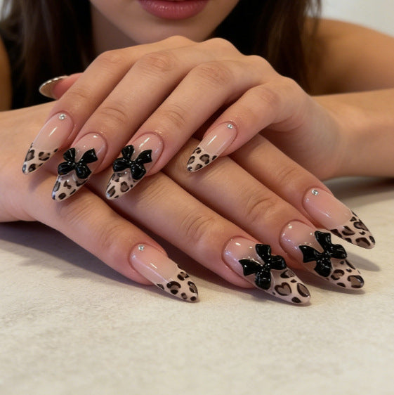 Artistic Press-On Nail Set with Leopard Print and Bow Accents Kalsten