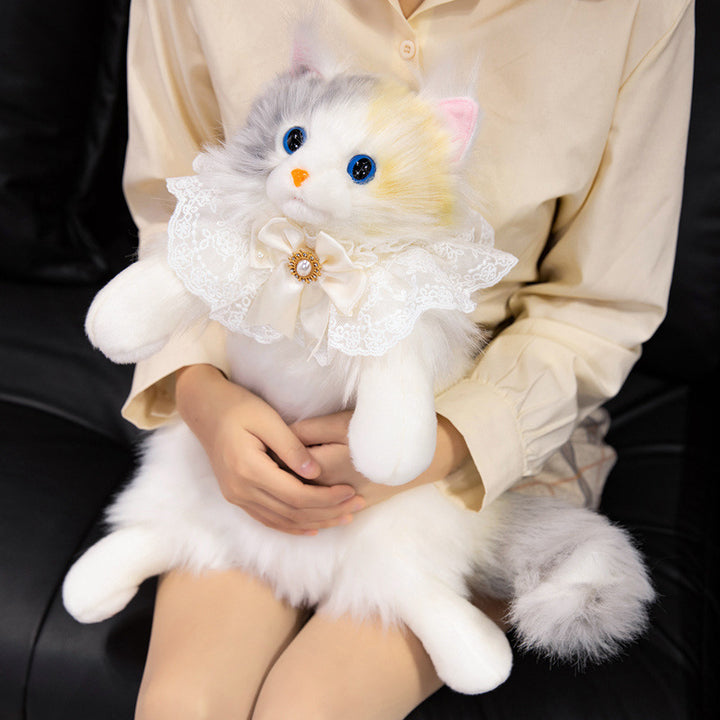 Plush Sitting Cat Decorative Doll with Lace Ruffle Collar & Jeweled Bow Kalsten