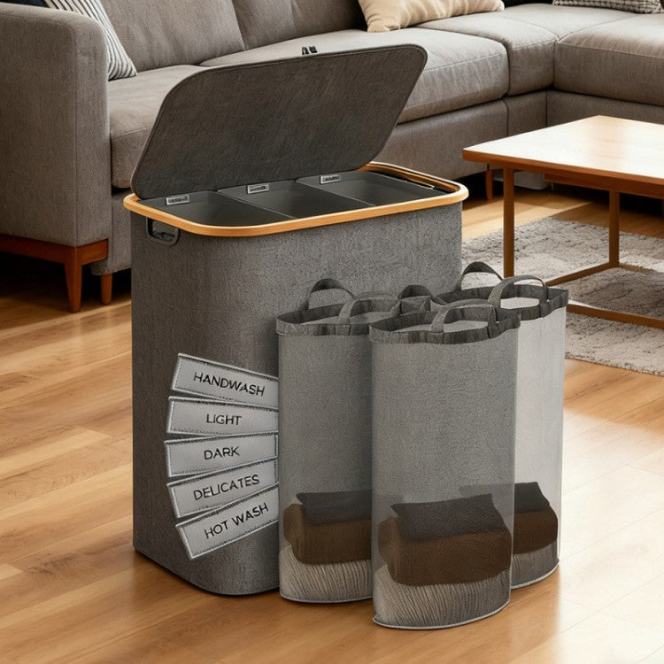 Laundry separation system with bamboo lid and multiple compartments Kalsten