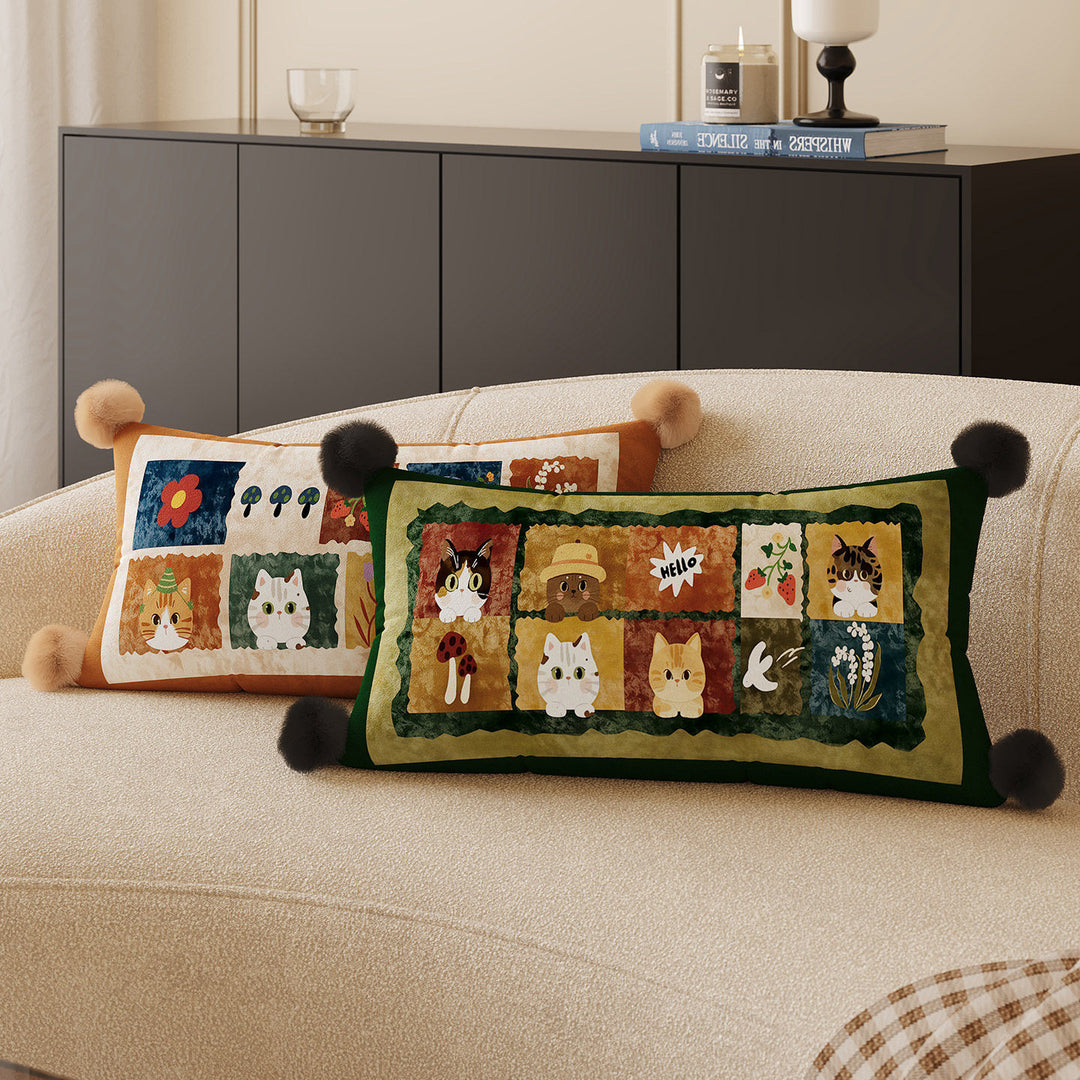 Decorative Rectangular Throw Pillow with Pom-Pom Corners and Patchwork Cat Illustration