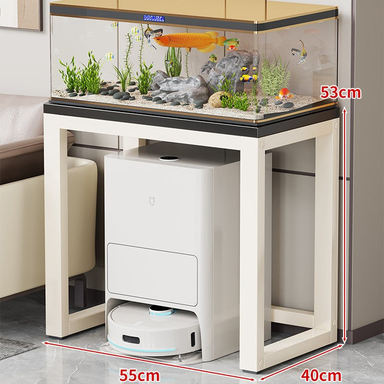Gold Metal Aquarium Console Table with Faux Marble Top and Robot Vacuum Storage