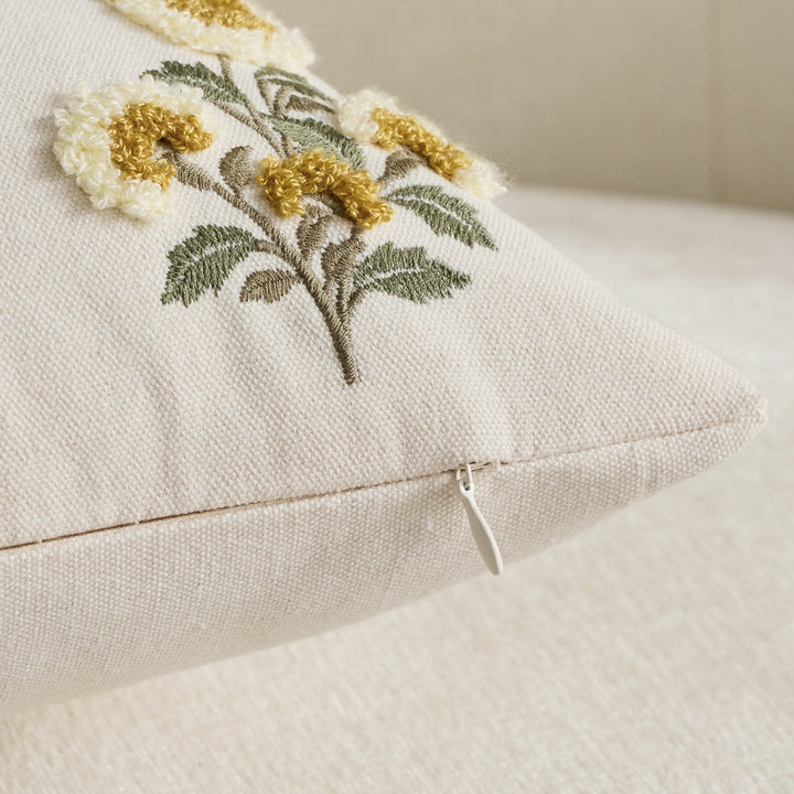 Tufted Floral Embroidered Decorative Throw Pillow Cover